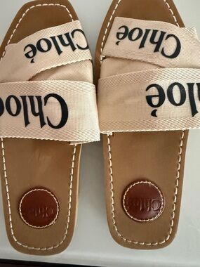 Chloé Beige Canvas Logo Slide Sandals